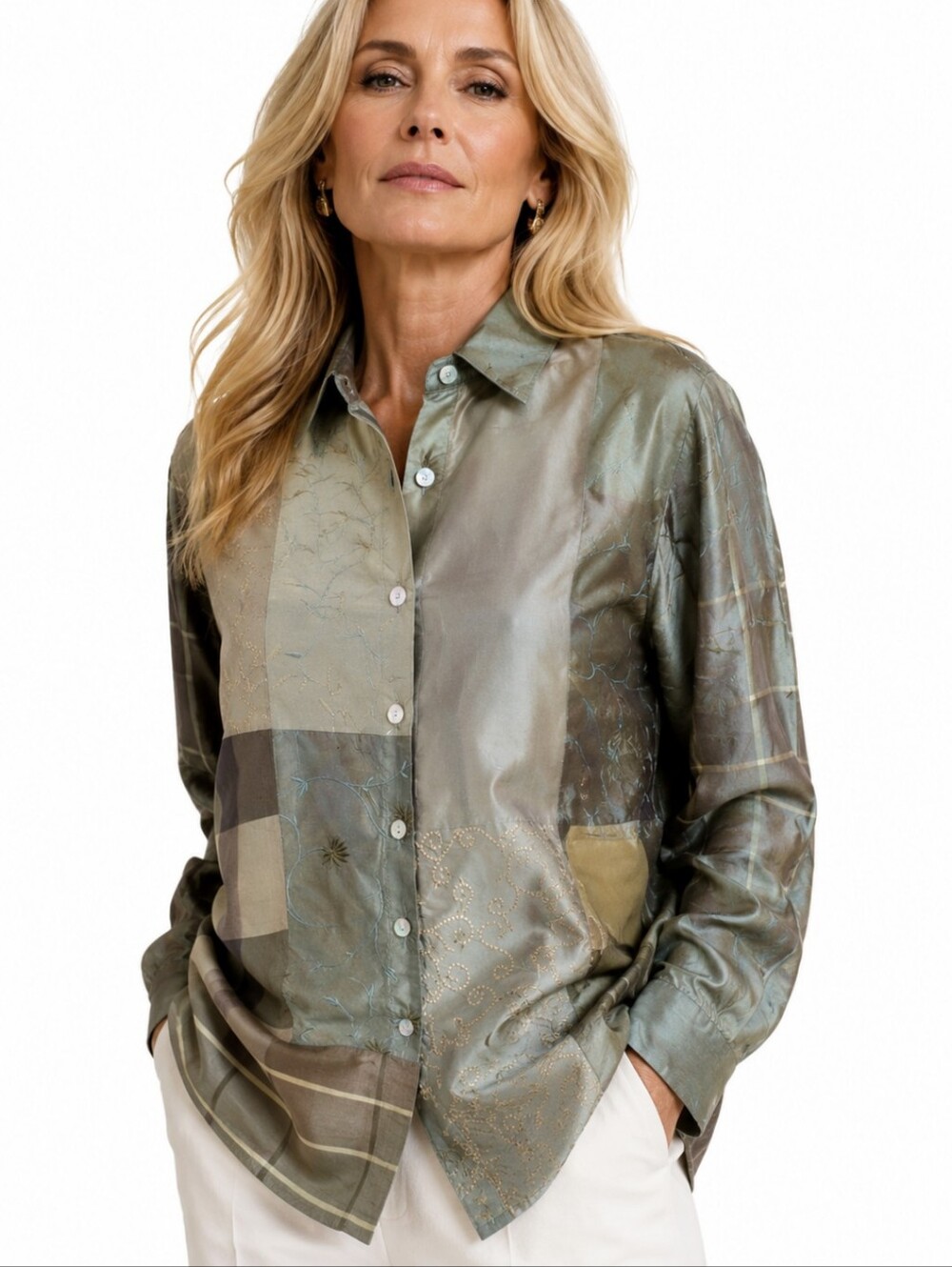 Silk Jacket Patchwork Button-Up Shacket Sage Green Quality Old Money Sz M